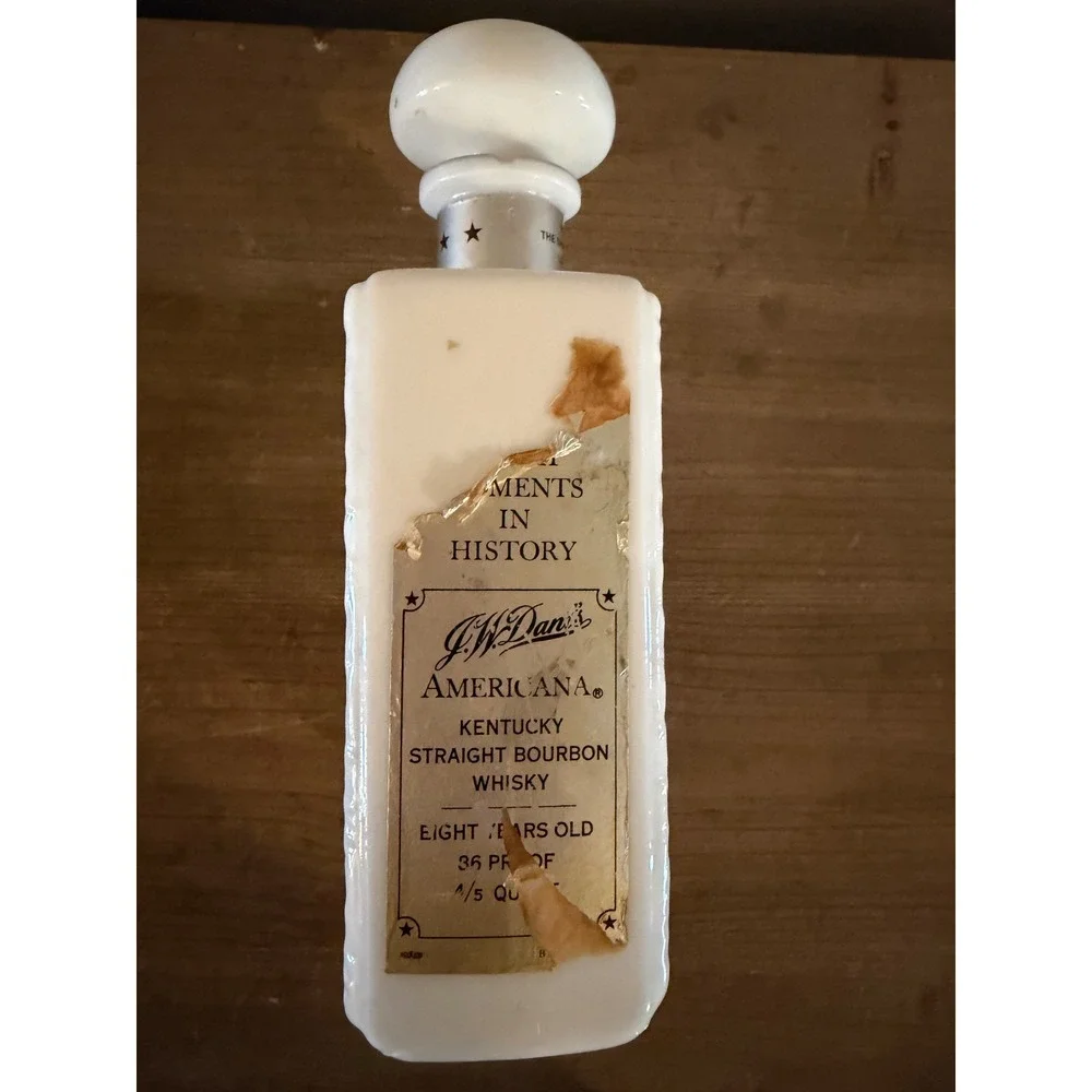Vintage JW Dant Americana Milk Glass Bourbon Decanter Boston Tea Party Eagle‎